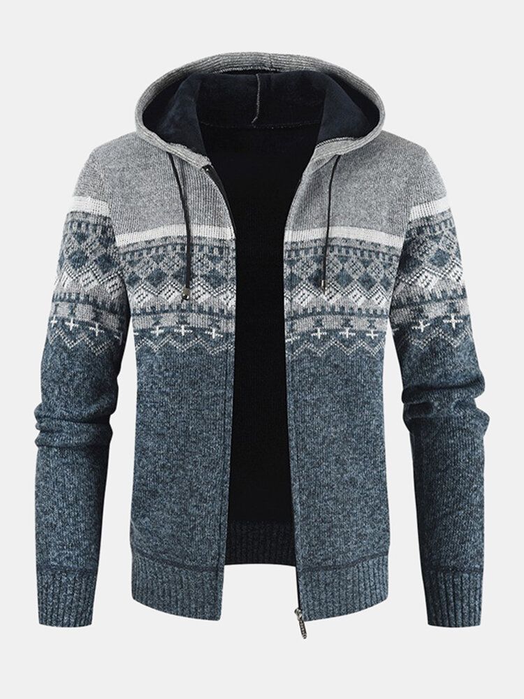 Chaqueta De Suéter De Punto Con Forro Polar Cálido De Manga Larga Con Capucha Y Patrón Tribal Para Hombre