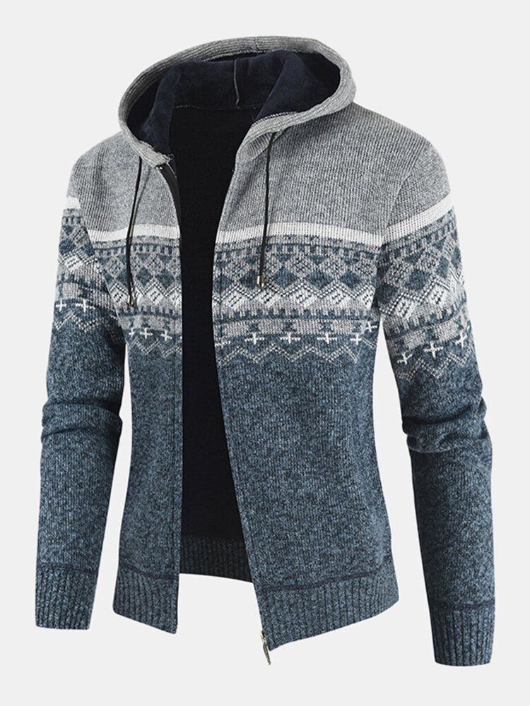 Chaqueta De Suéter De Punto Con Forro Polar Cálido De Manga Larga Con Capucha Y Patrón Tribal Para Hombre