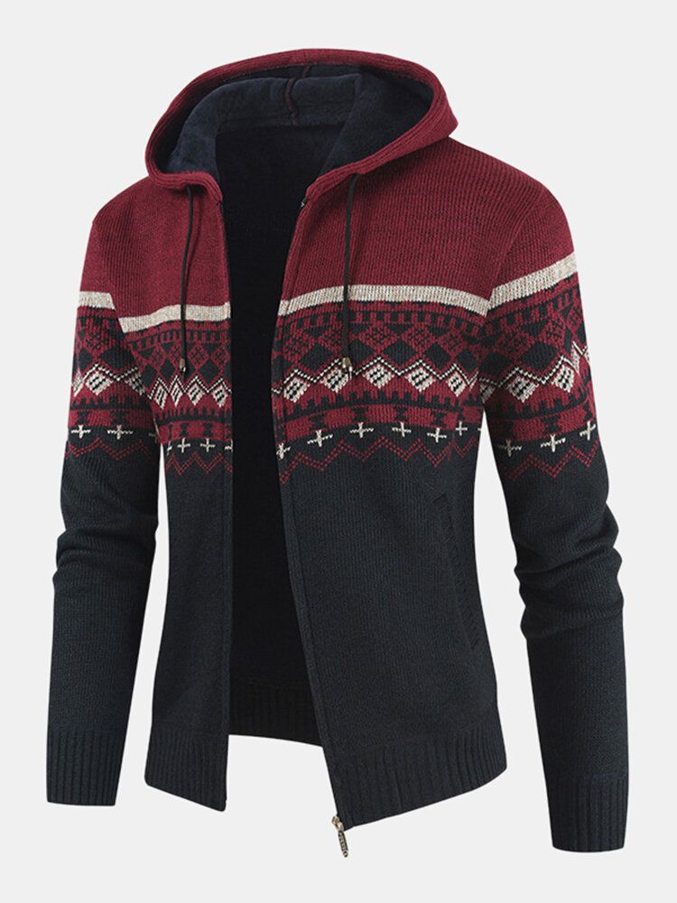 Chaqueta De Suéter De Punto Con Forro Polar Cálido De Manga Larga Con Capucha Y Patrón Tribal Para Hombre