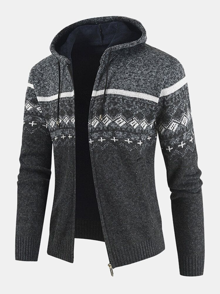 Chaqueta De Suéter De Punto Con Forro Polar Cálido De Manga Larga Con Capucha Y Patrón Tribal Para Hombre