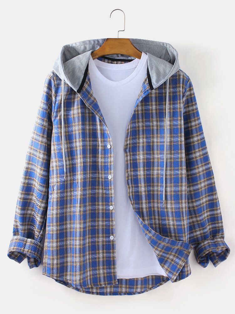 Chaqueta De Tartán Holgada Con Botones Y Manga Larga Con Capucha Y Cordón Para Hombre