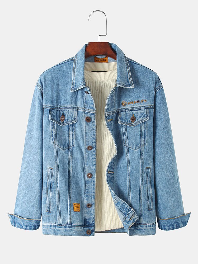 Chaqueta Vaquera Azul De Manga Larga Con Solapa Multibolsillos Vintage Para Hombre