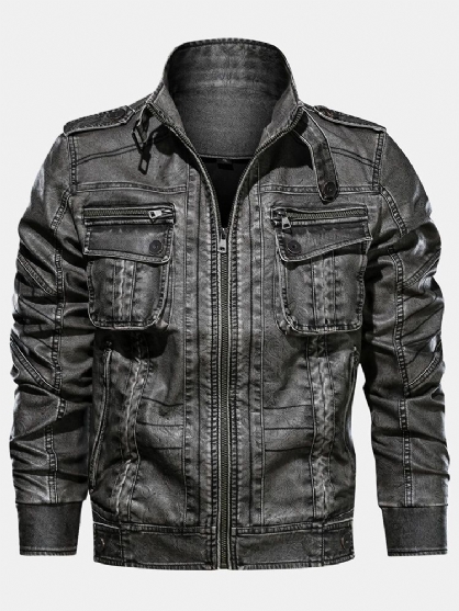 Chaqueta Vintage De Cuero Pu Con Cuello Alto Multibolsillos Para Hombre