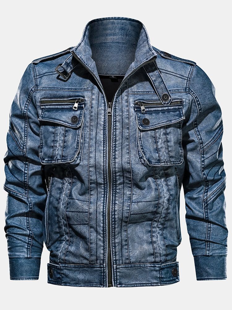 Chaqueta Vintage De Cuero Pu Con Cuello Alto Multibolsillos Para Hombre