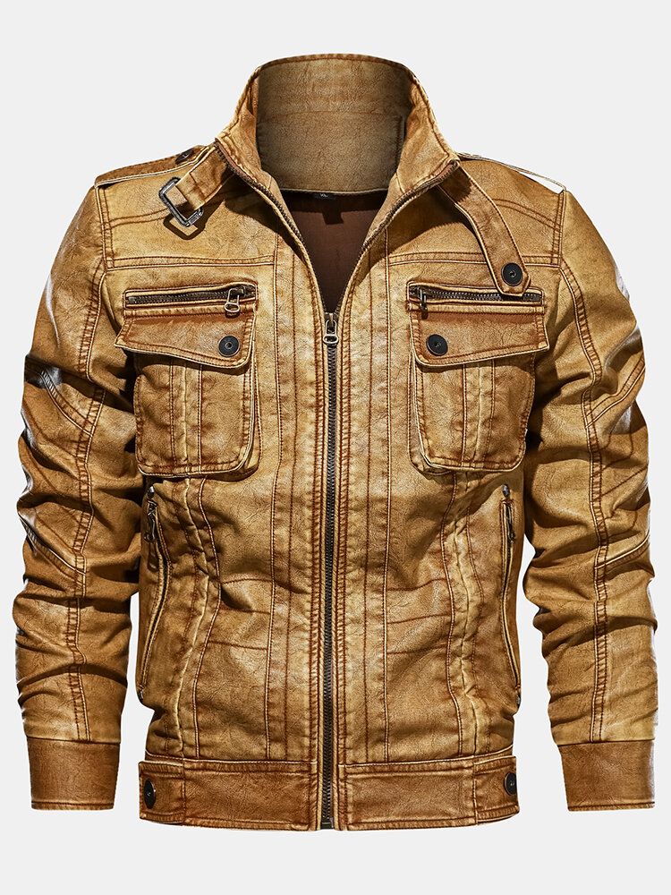 Chaqueta Vintage De Cuero Pu Con Cuello Alto Multibolsillos Para Hombre