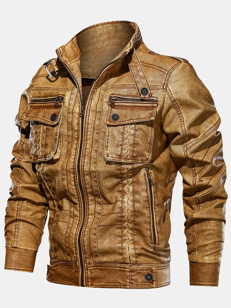 Chaqueta Vintage De Cuero Pu Con Cuello Alto Multibolsillos Para Hombre