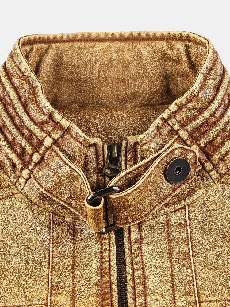 Chaqueta Vintage De Cuero Pu Con Cuello Alto Multibolsillos Para Hombre