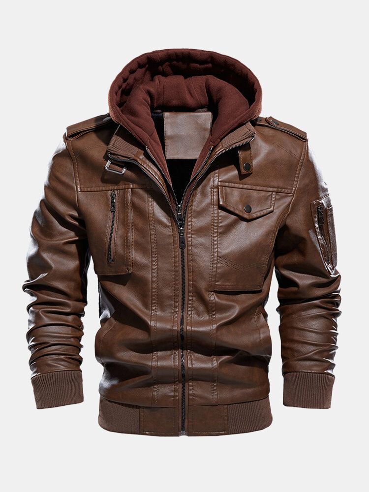 Chaquetas De Cuero Pu Con Bolsillo Con Cremallera Con Capucha Para Hombre