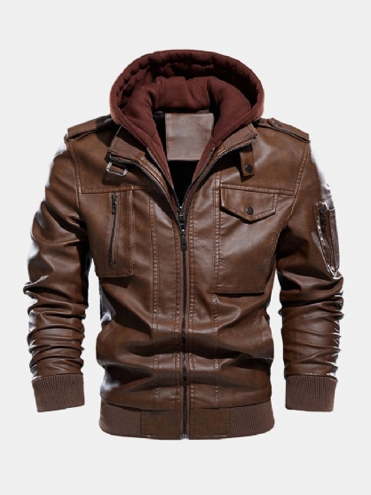 Chaquetas De Cuero Pu Con Bolsillo Con Cremallera Con Capucha Para Hombre