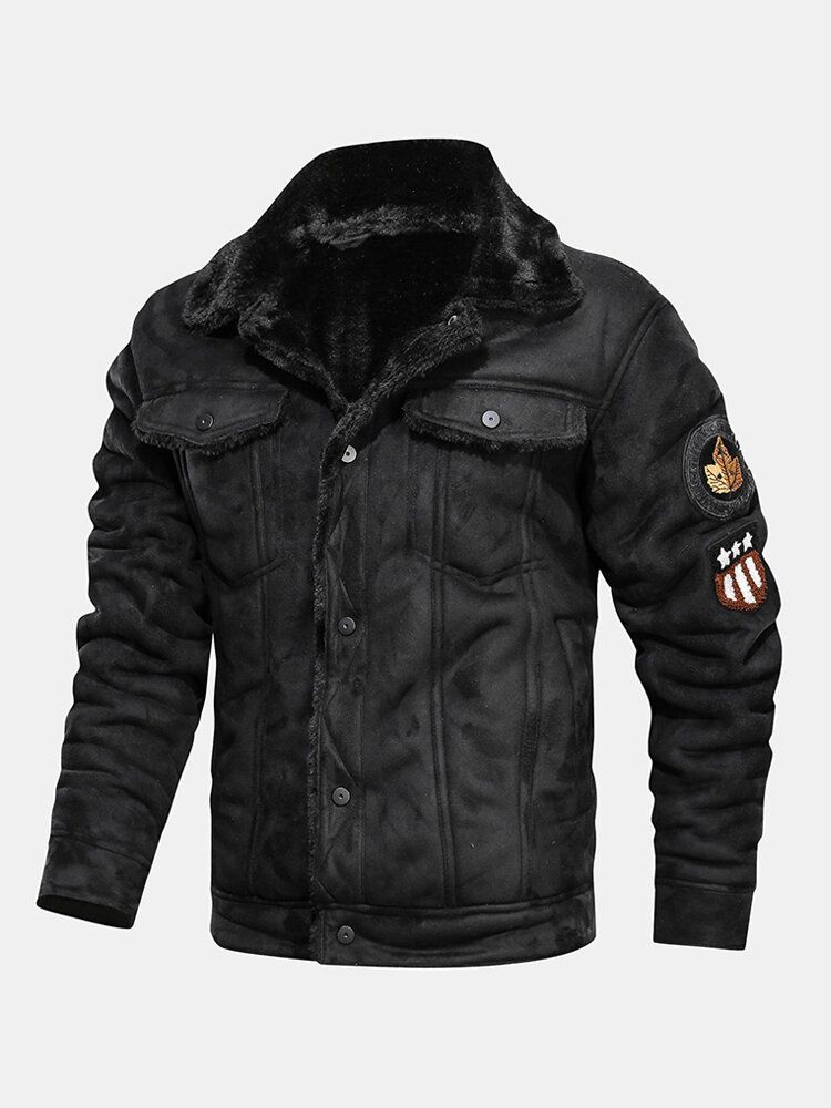 Chaquetas De Gamuza De Piel Sintética Para Hombre Con Forro Polar Cálido Con Logo Engrosado Con Bolsillos Con Solapa