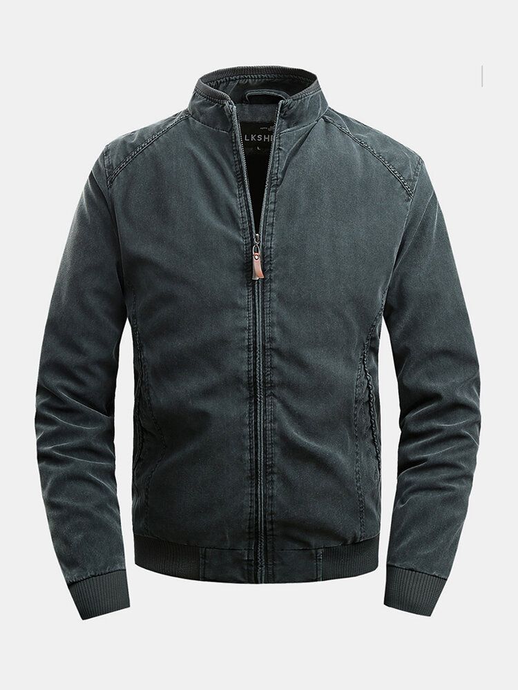 Chaquetas De Manga Larga Casuales Con Cremallera De Bolsillo Y Cuello Alto De Algodón Para Hombre