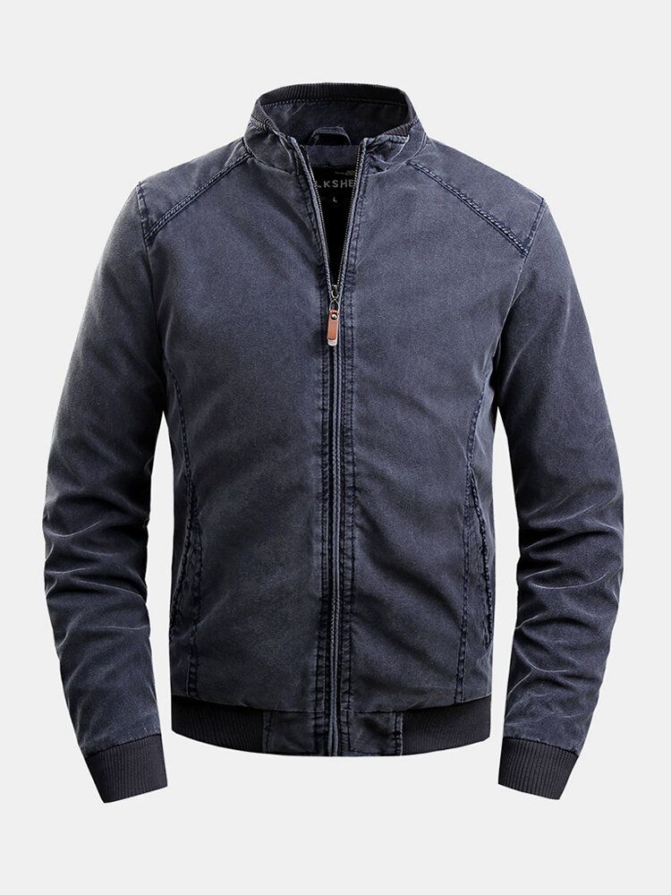 Chaquetas De Manga Larga Casuales Con Cremallera De Bolsillo Y Cuello Alto De Algodón Para Hombre