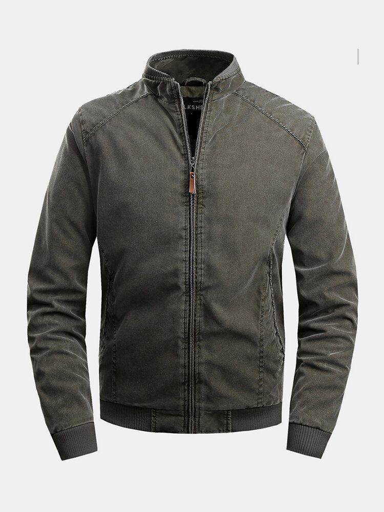 Chaquetas De Manga Larga Casuales Con Cremallera De Bolsillo Y Cuello Alto De Algodón Para Hombre