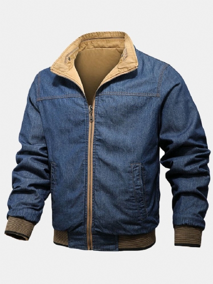 Chaquetas De Mezclilla De Doble Cara Con Cuello De Solapa Frontal Con Cremallera De Algodón Para Hombre