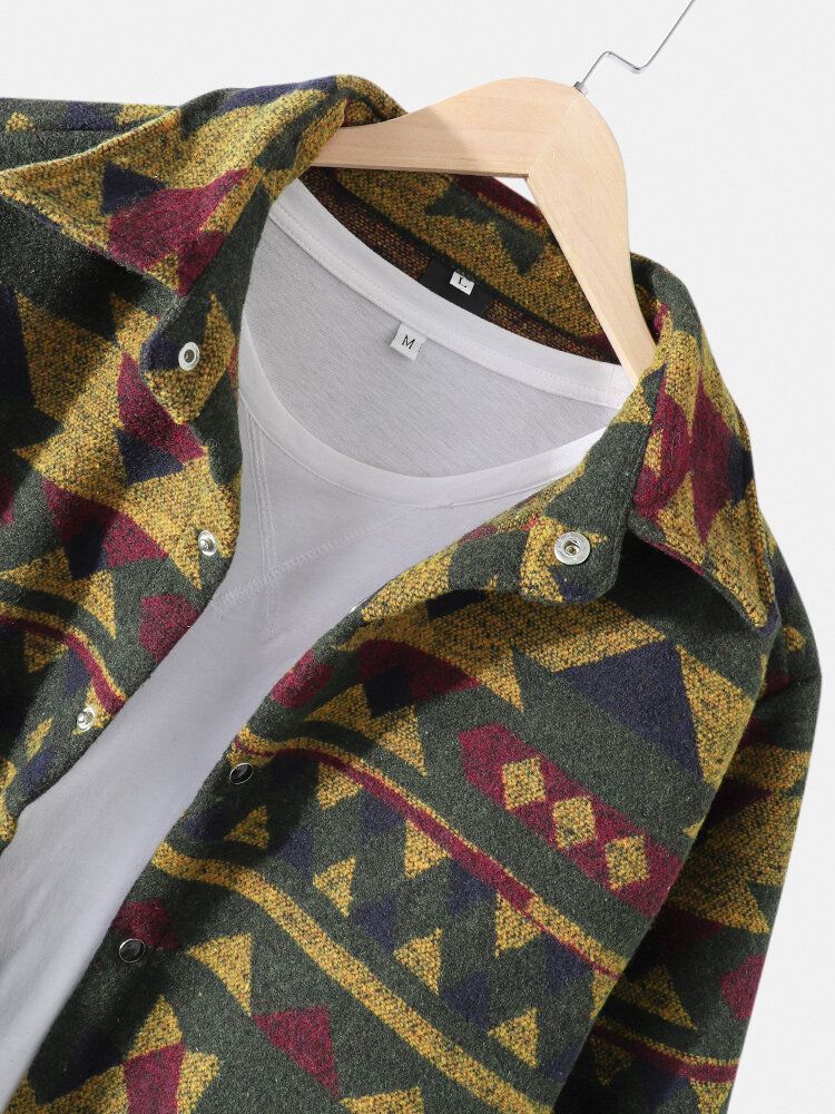 Sobrecamisa De Algodón Con Doble Bolsillo Y Botones A Presión Con Estampado Geométrico Vintage Para Hombre