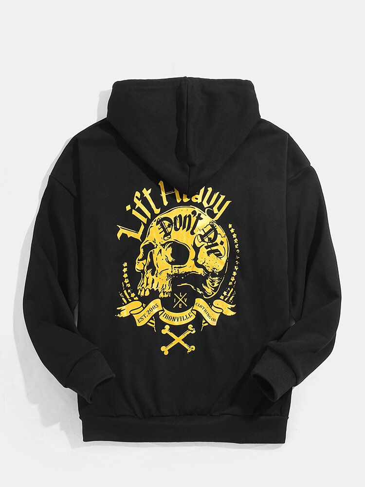 Sudaderas Con Capucha Negras Con Bolsillo De Canguro Con Estampado De Calavera En La Espalda Para Hombre