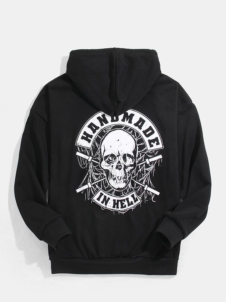 Sudaderas Con Capucha Negras Con Bolsillo De Canguro Con Estampado De Calavera En La Espalda Para Hombre