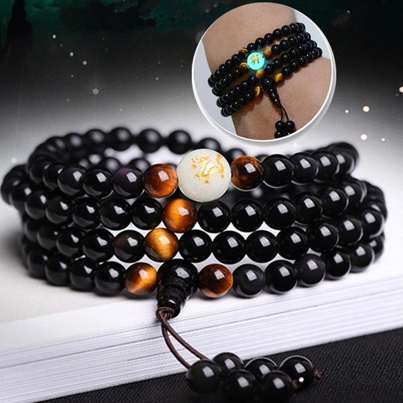 108 Cuentas De Ónix Negro Luminoso Yoga Dragón Mala Pulsera Multicapa Pulsera De Cuentas Vintage