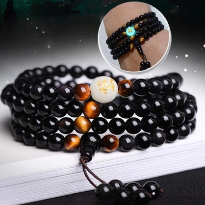 108 Cuentas De Ónix Negro Luminoso Yoga Dragón Mala Pulsera Multicapa Pulsera De Cuentas Vintage