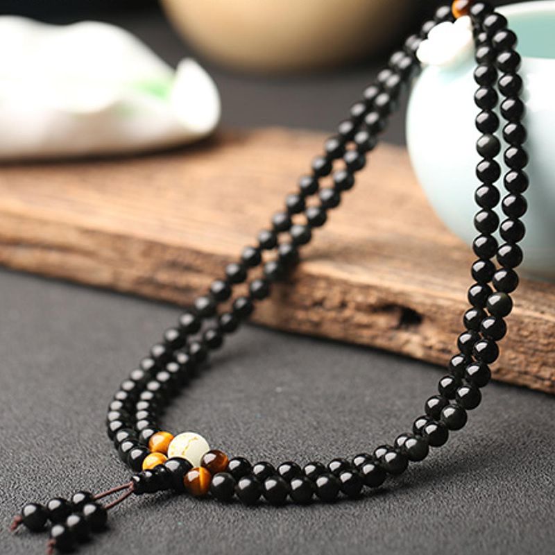 108 Cuentas De Ónix Negro Luminoso Yoga Dragón Mala Pulsera Multicapa Pulsera De Cuentas Vintage