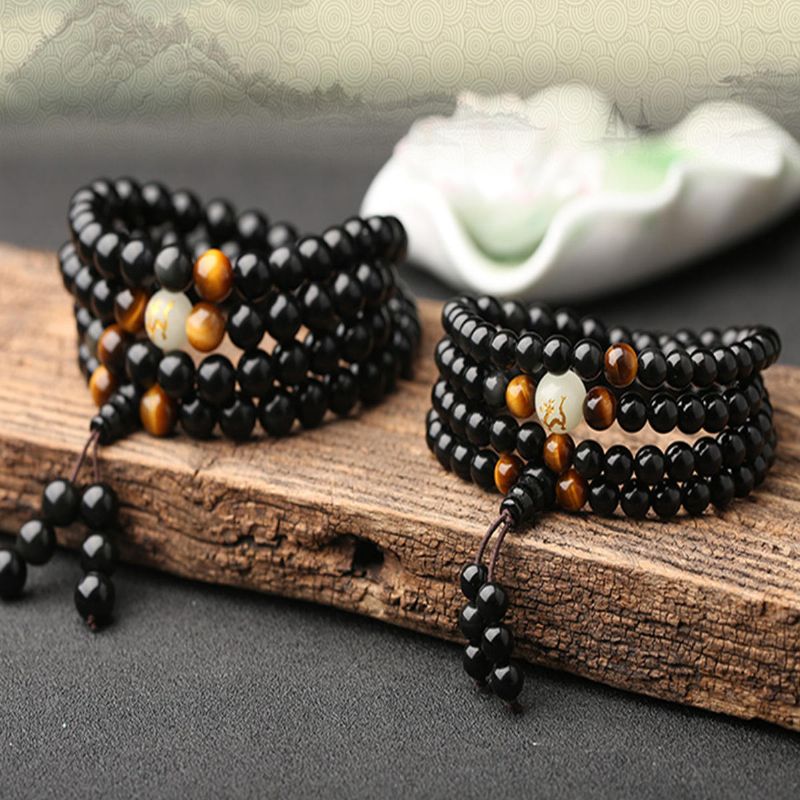 108 Cuentas De Ónix Negro Luminoso Yoga Dragón Mala Pulsera Multicapa Pulsera De Cuentas Vintage