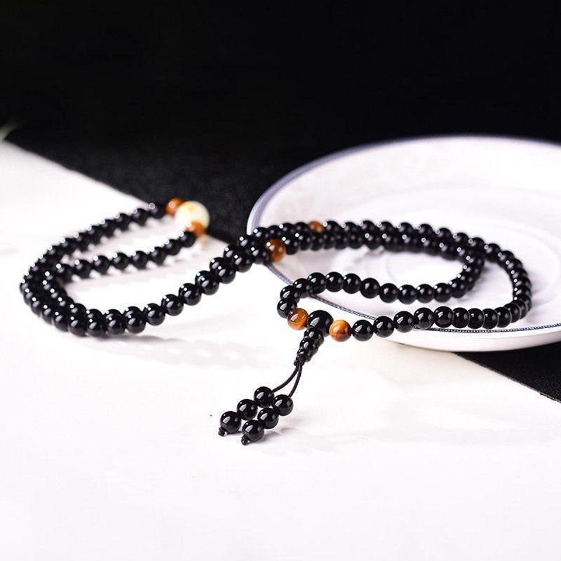 108 Cuentas De Ónix Negro Luminoso Yoga Dragón Mala Pulsera Multicapa Pulsera De Cuentas Vintage