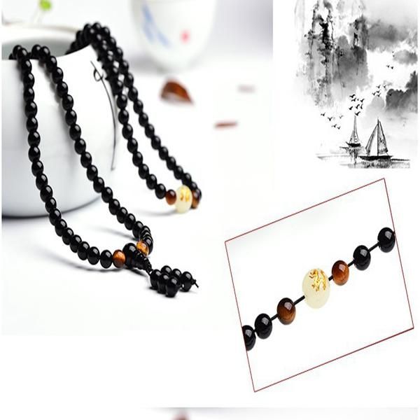 108 Cuentas De Ónix Negro Luminoso Yoga Dragón Mala Pulsera Multicapa Pulsera De Cuentas Vintage