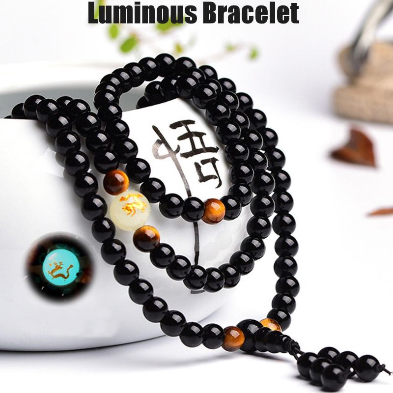 108 Cuentas De Ónix Negro Luminoso Yoga Dragón Mala Pulsera Multicapa Pulsera De Cuentas Vintage