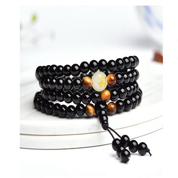 108 Cuentas De Ónix Negro Luminoso Yoga Dragón Mala Pulsera Multicapa Pulsera De Cuentas Vintage