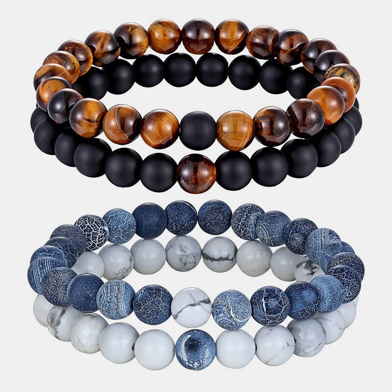 2 Uds. Conjunto De Piedra Natural A Juego Pulseras De Cuentas Para Parejas Piedra Volcánica De Ágata Joyería Para Hombres Y Mujeres Regalo