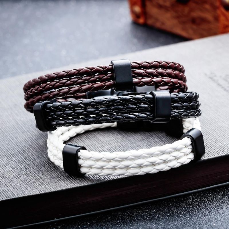 20cm Pulsera De Cuero Vintage Muñequera Tejida Multicapa Para Hombres