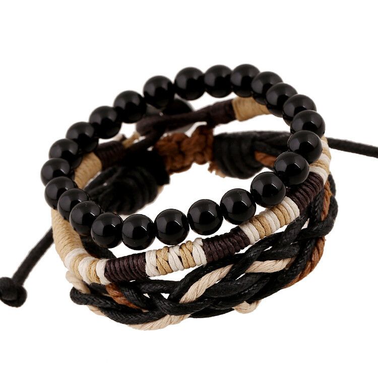 3 Piezas De Cáñamo Tejido Vintage Multicapa Pulsera Para Hombre