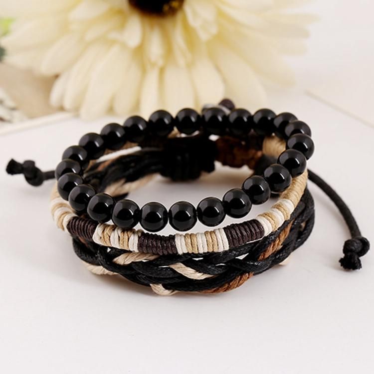 3 Piezas De Cáñamo Tejido Vintage Multicapa Pulsera Para Hombre