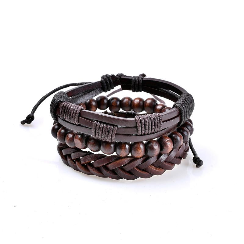 3 Uds.pulsera Trenzada Con Cuentas De Cuero Para Hombres Brazalete Multicapa Joyería Vintage Para Hombre