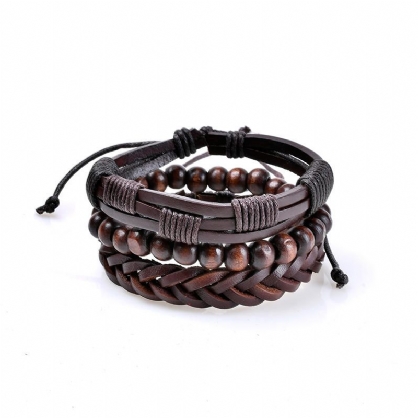 3 Uds.pulsera Trenzada Con Cuentas De Cuero Para Hombres Brazalete Multicapa Joyería Vintage Para Hombre