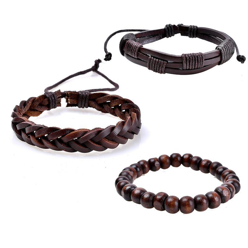 3 Uds.pulsera Trenzada Con Cuentas De Cuero Para Hombres Brazalete Multicapa Joyería Vintage Para Hombre