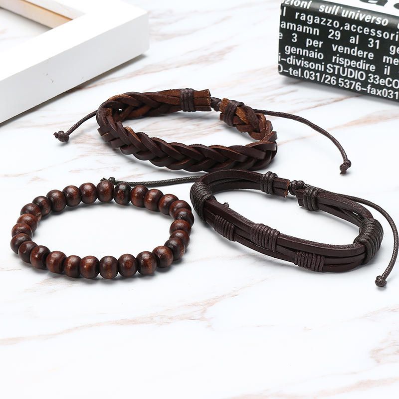 3 Uds.pulsera Trenzada Con Cuentas De Cuero Para Hombres Brazalete Multicapa Joyería Vintage Para Hombre