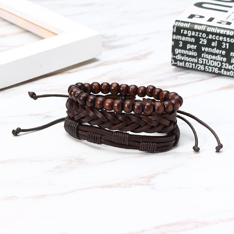 3 Uds.pulsera Trenzada Con Cuentas De Cuero Para Hombres Brazalete Multicapa Joyería Vintage Para Hombre