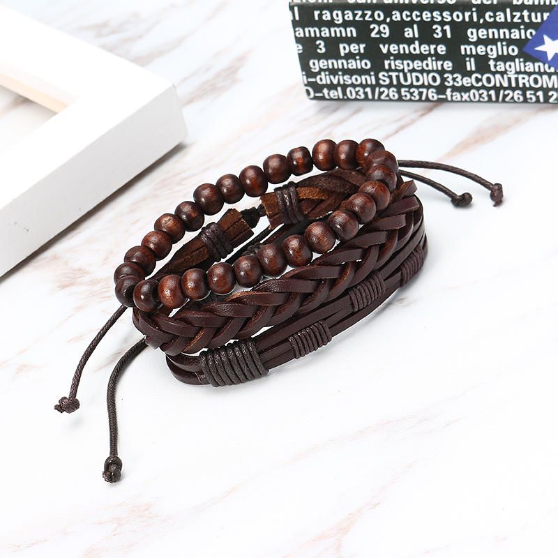 3 Uds.pulsera Trenzada Con Cuentas De Cuero Para Hombres Brazalete Multicapa Joyería Vintage Para Hombre