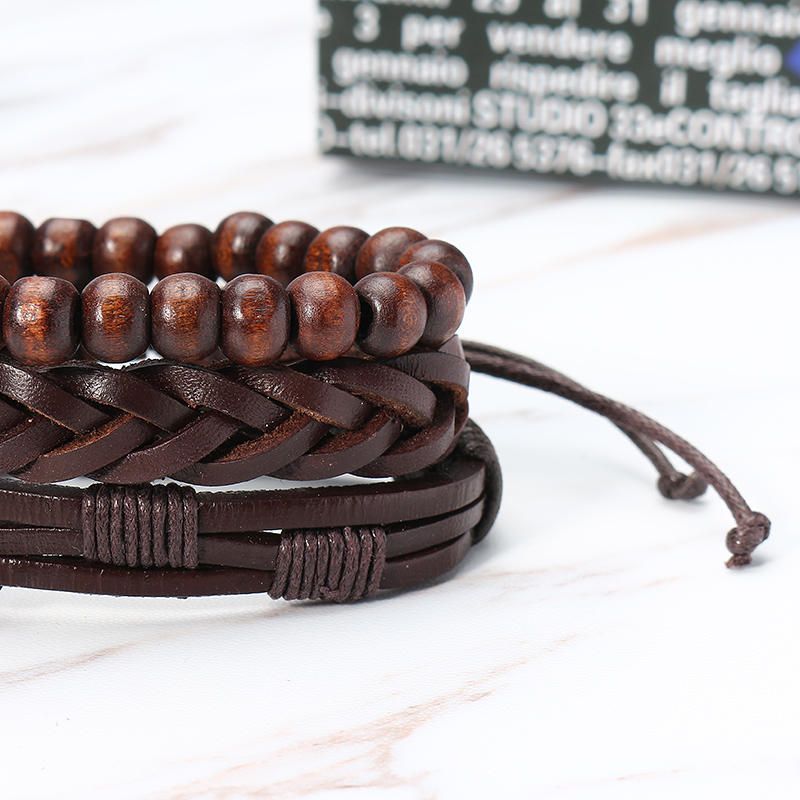 3 Uds.pulsera Trenzada Con Cuentas De Cuero Para Hombres Brazalete Multicapa Joyería Vintage Para Hombre