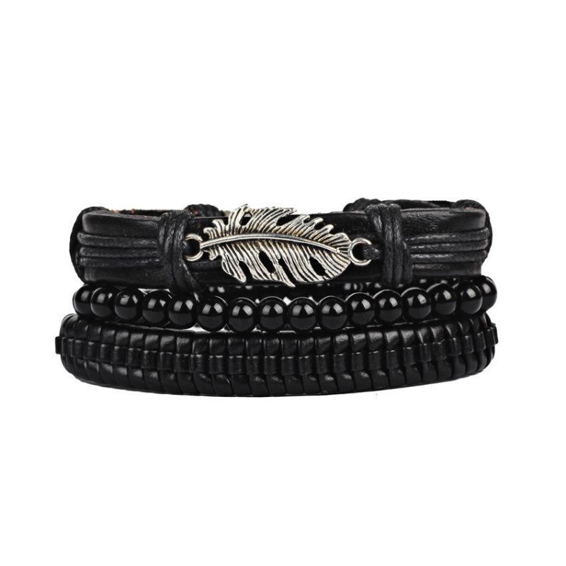 3pcs Set Punk Black Pulsera De Cuero Tejida Multicapa Pulseras De Cuentas Con Dijes De Hojas Para Hombres