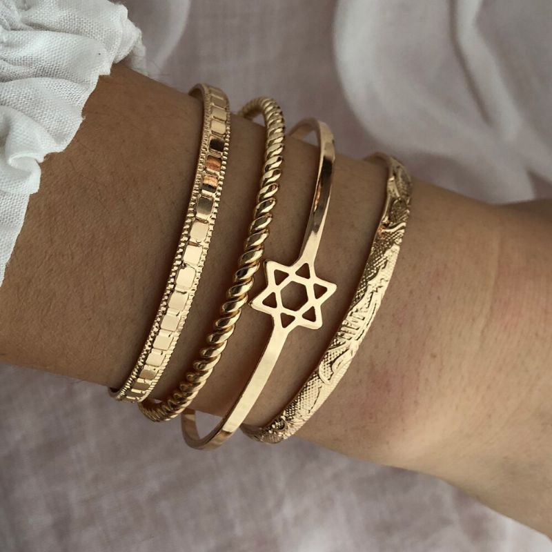 4 Piezas De Moda Creativo Oro Apertura Corazón Estrella Luna Diseño Brazalete Conjunto Mujer Pulsera Joyería