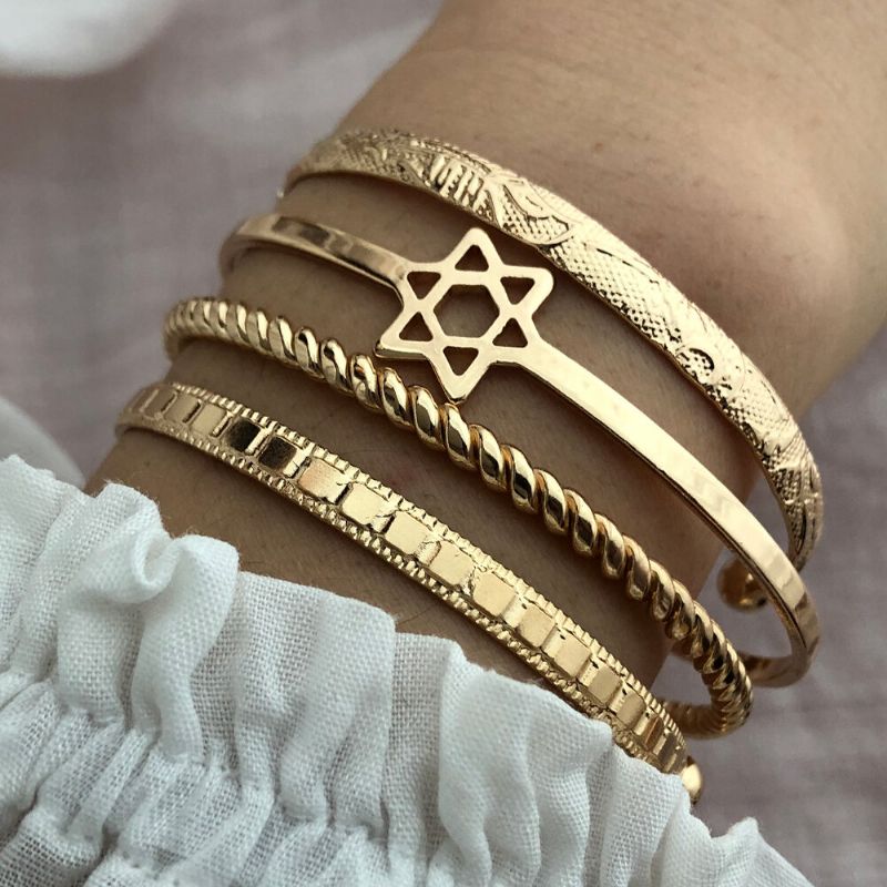 4 Piezas De Moda Creativo Oro Apertura Corazón Estrella Luna Diseño Brazalete Conjunto Mujer Pulsera Joyería