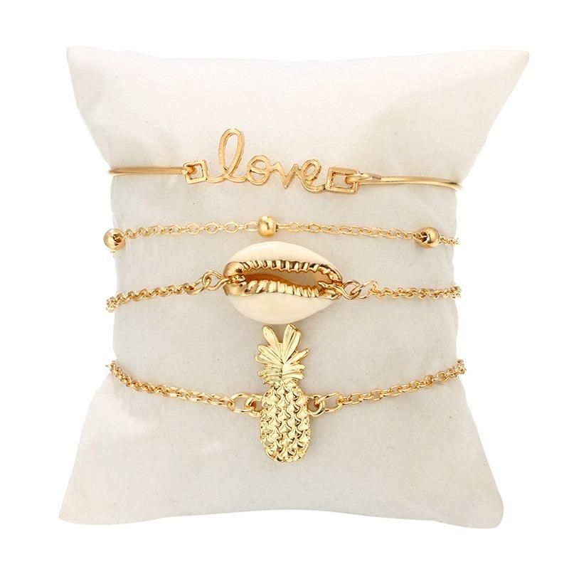 4 Piezas De Oro Para Mujer Conjunto De Pulseras Estilo Casual Moda Frutas Pulsera Concha Letra Colgante