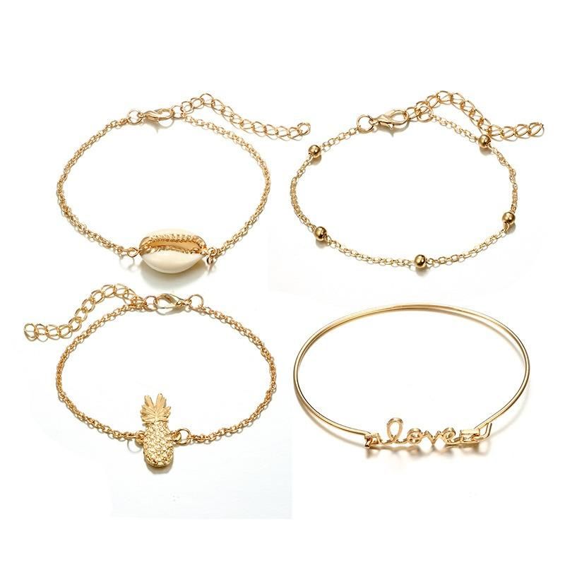 4 Piezas De Oro Para Mujer Conjunto De Pulseras Estilo Casual Moda Frutas Pulsera Concha Letra Colgante