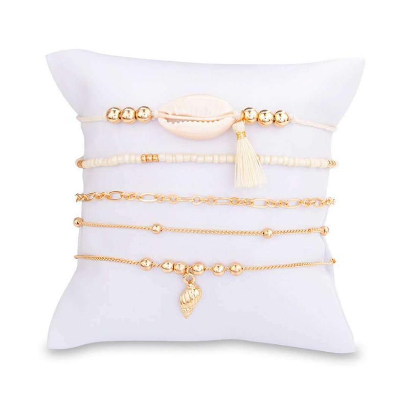 5 Piezas Bohemia Multicapa De Oro Conjunto De Pulseras Shell Conch Bead Chain Charm Bracelet Para Mujer