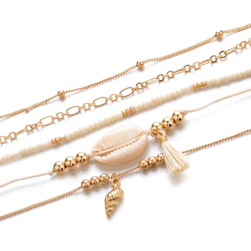 5 Piezas Bohemia Multicapa De Oro Conjunto De Pulseras Shell Conch Bead Chain Charm Bracelet Para Mujer