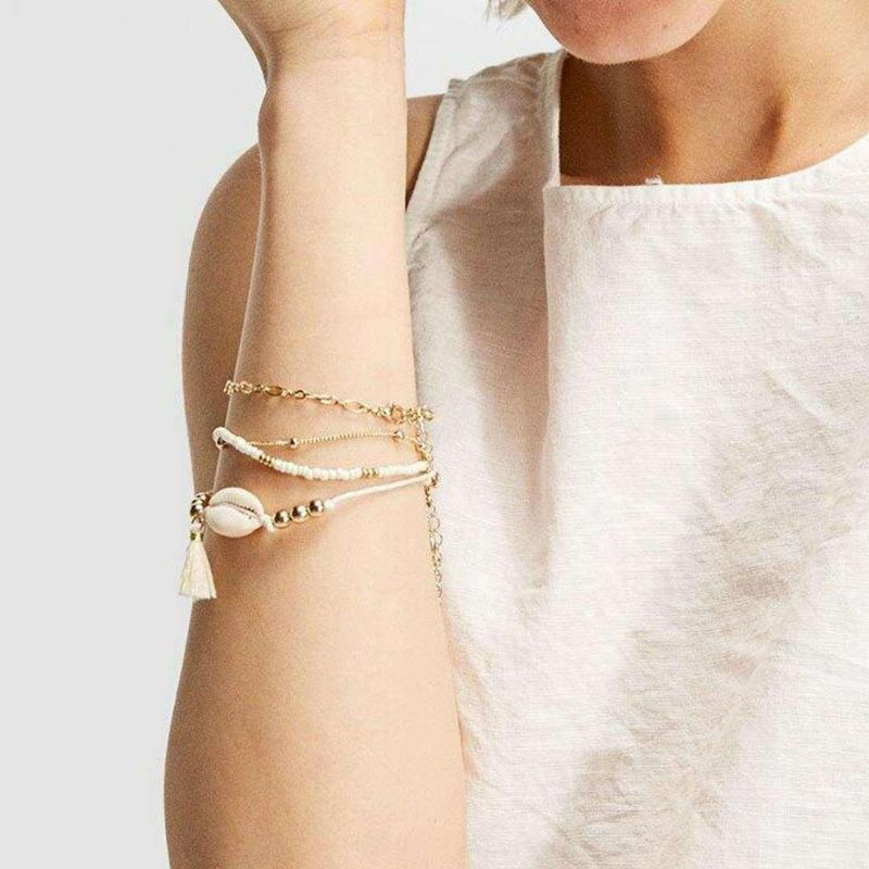 5 Piezas Bohemia Multicapa De Oro Conjunto De Pulseras Shell Conch Bead Chain Charm Bracelet Para Mujer