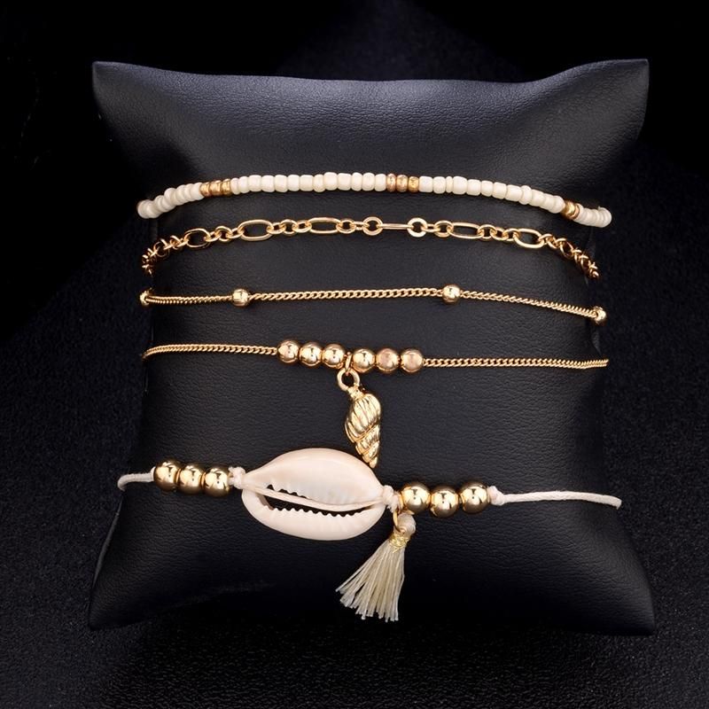 5 Piezas Bohemia Multicapa De Oro Conjunto De Pulseras Shell Conch Bead Chain Charm Bracelet Para Mujer