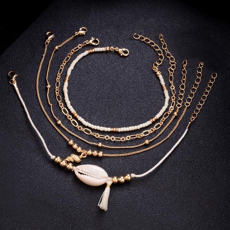 5 Piezas Bohemia Multicapa De Oro Conjunto De Pulseras Shell Conch Bead Chain Charm Bracelet Para Mujer